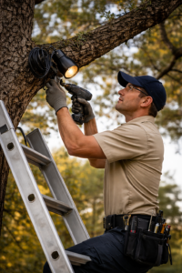 outdoor lighting Technician installing in tree