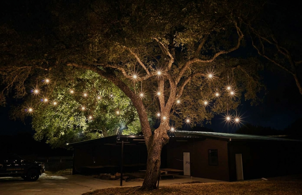 Custom outdoor pendant lighting by Landscape Lighting Guru.